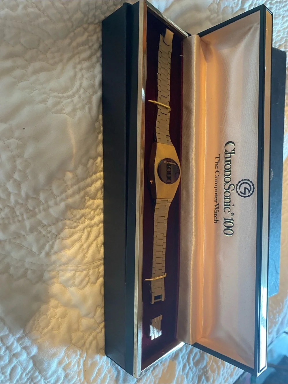 Gold Men's Chronosonic Digital Bracelet Watch never used original boxes/reciept